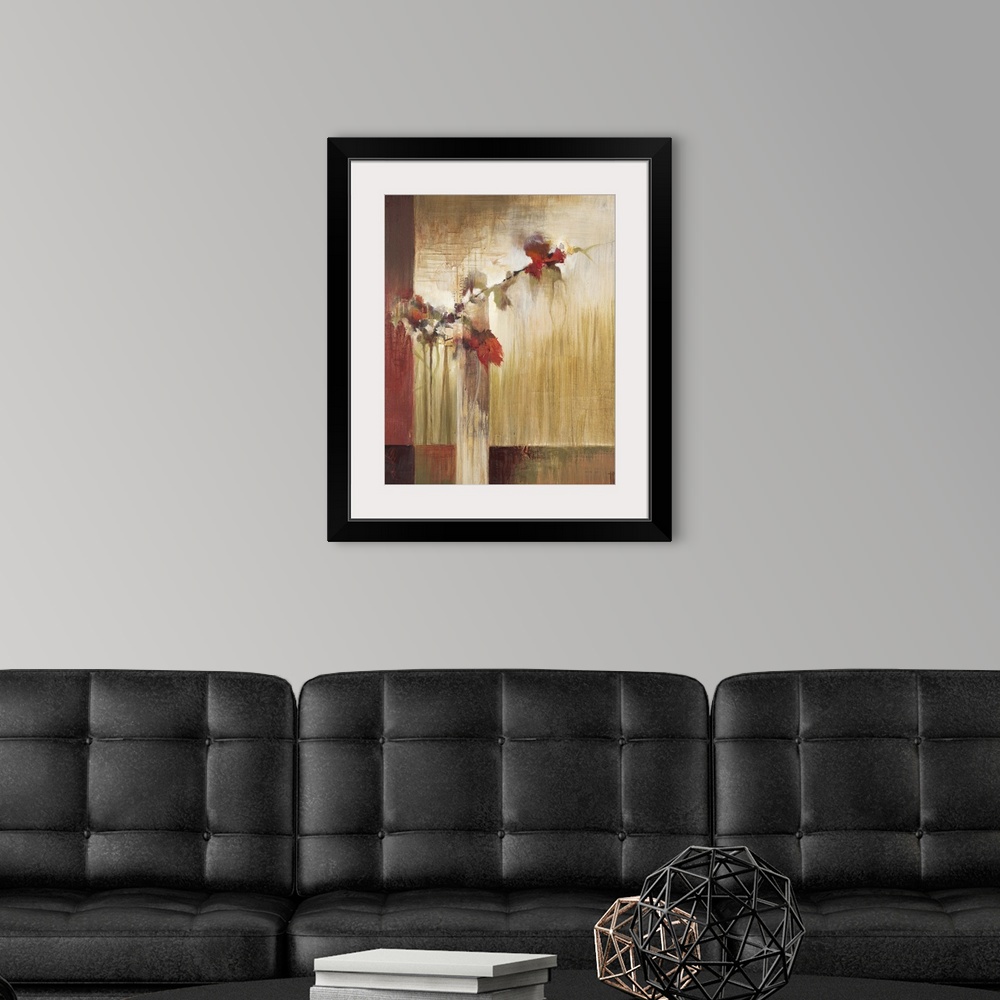 A modern room featuring Contemporary painting of red flowers on a branch against an abstract muted background.