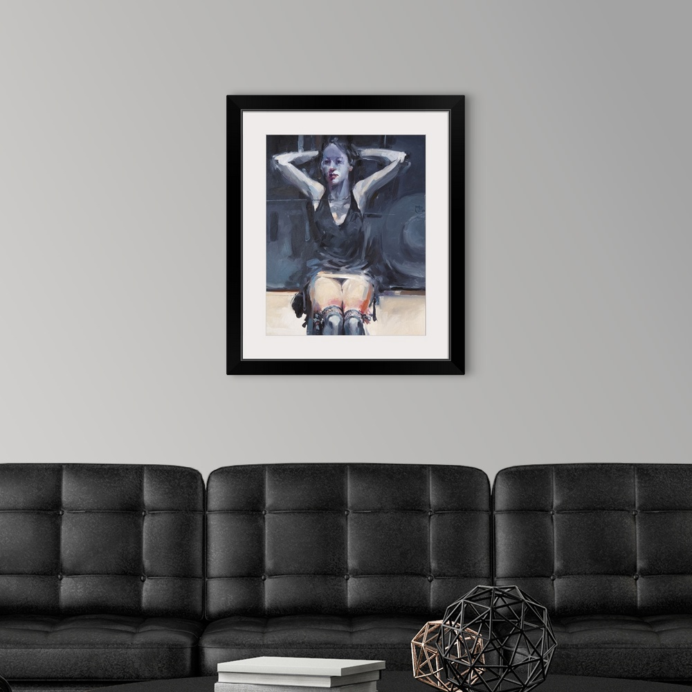 A modern room featuring Moody blues and thick brush strokes illustrate a melancholy figure wearing an old-fashioned swims...