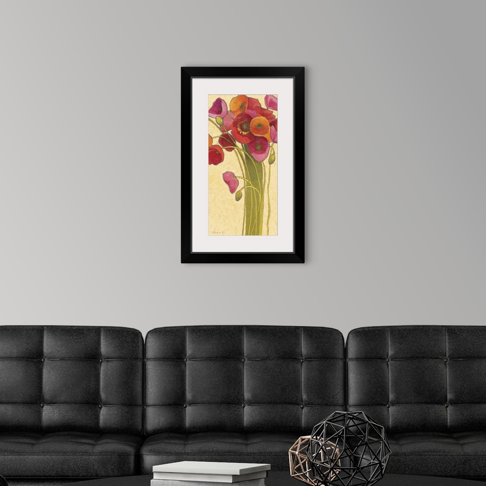A modern room featuring Painting of many long-stemmed Poppies in warm tones against a neutral background.
