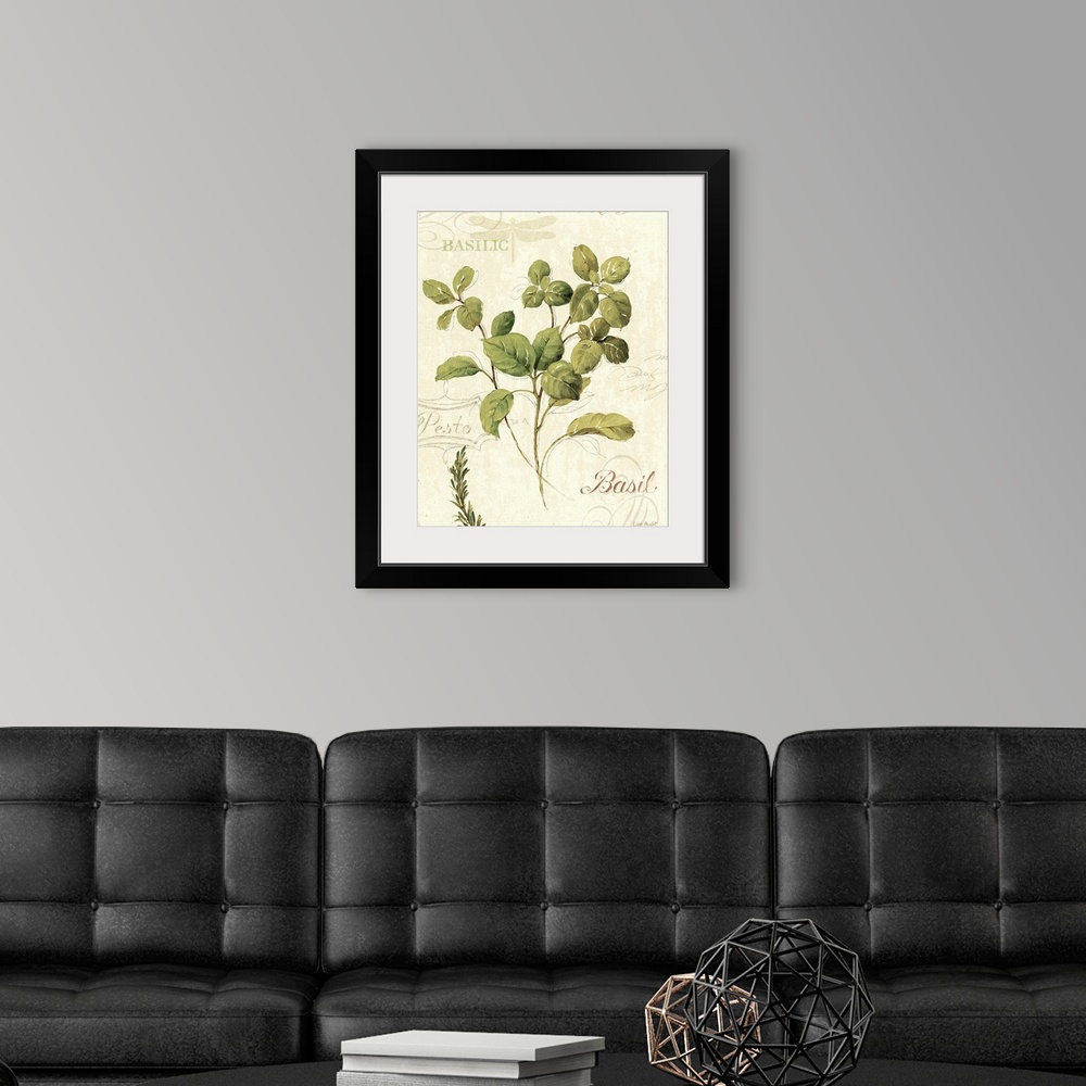 A modern room featuring Watercolor print of a few sprigs of a basil herb on a background decorated with text and flourishes.
