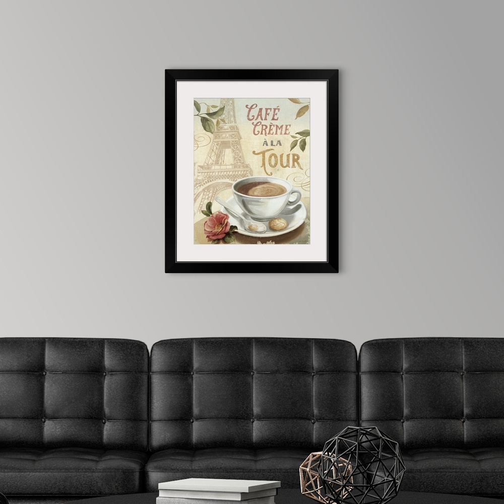 A modern room featuring Decorative wall art of a cup of coffee on a saucer with an illustration of the Eiffel Tower and t...