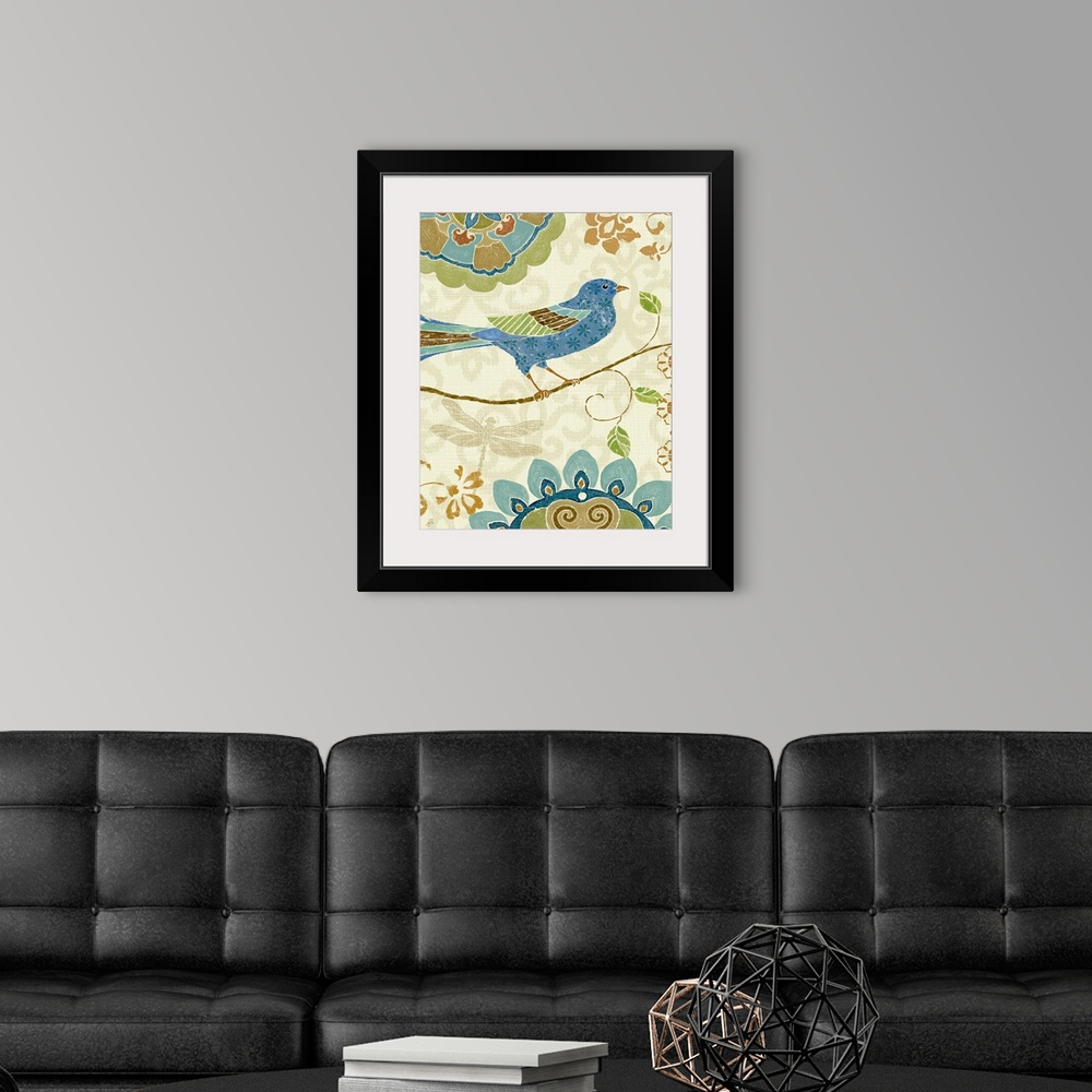 A modern room featuring Docor for the home of a blue bird standing on a single branch with creative designs surrounding t...