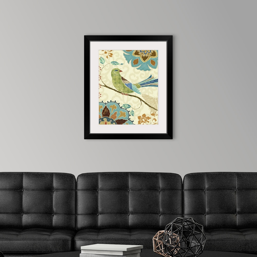 A modern room featuring A bird is pictured resting on a branch surrounded by intricate flower designs in cool and neutral...
