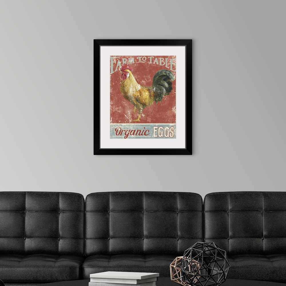 A modern room featuring Contemporary folk art decor of a rustic weathered sign for farm fresh eggs.