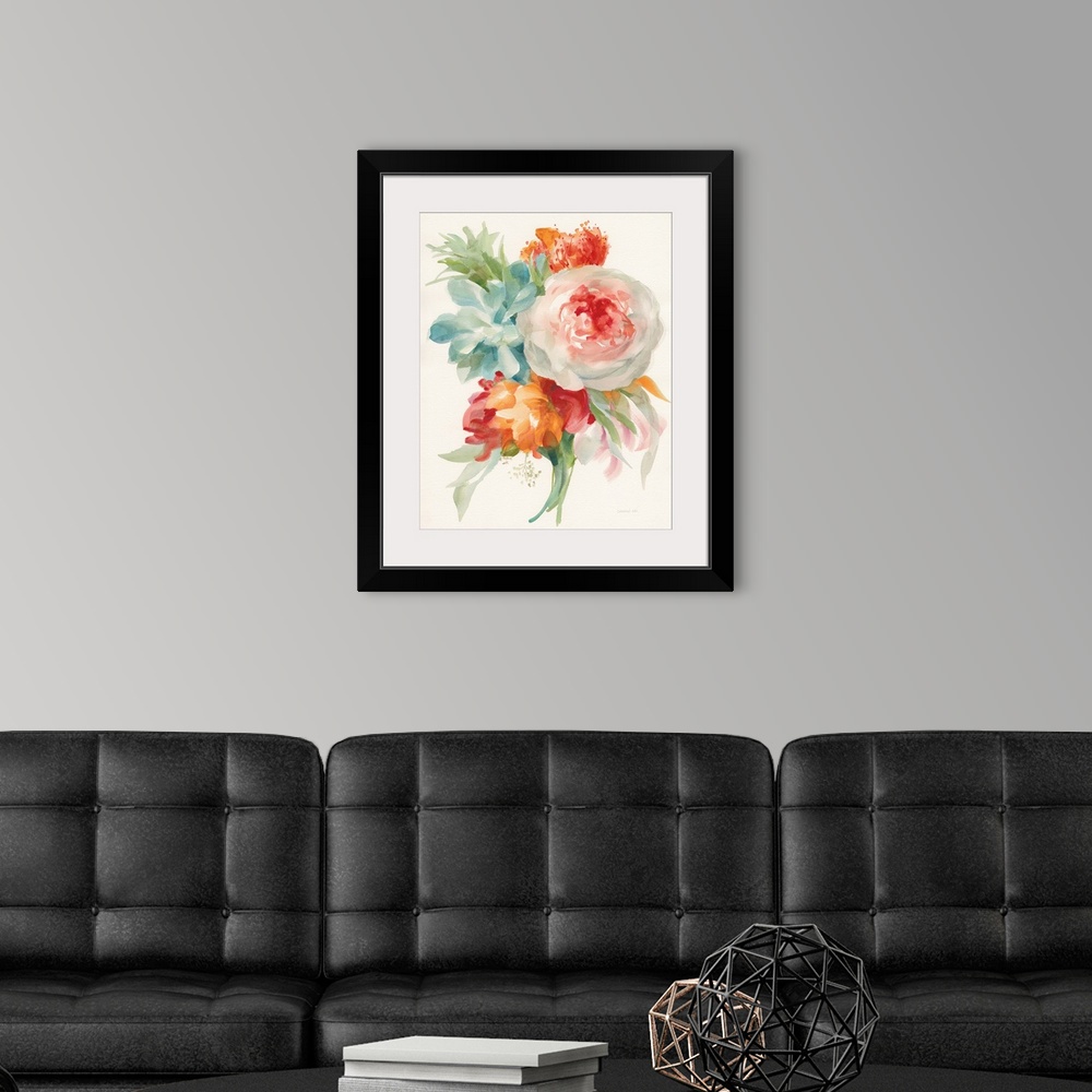 A modern room featuring Vertical watercolor painting of a variety of flowers in pastel colors.