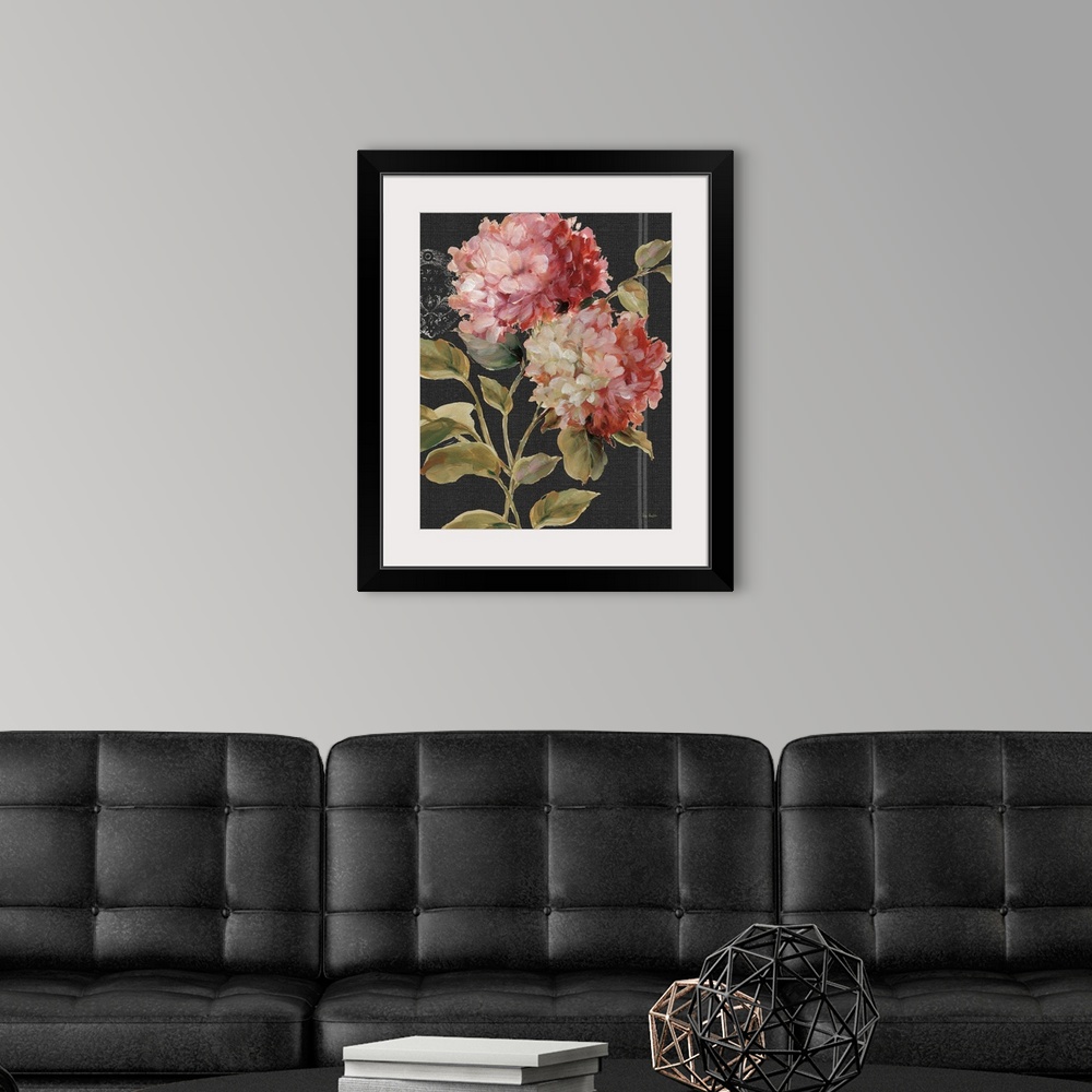 A modern room featuring Large painted pink hydrangea on a black background with a white design.