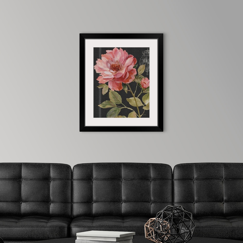 A modern room featuring Large painted pink rose on a black background with a white design.
