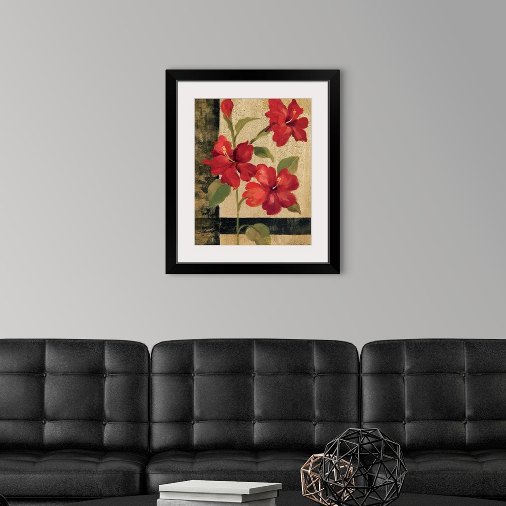 A modern room featuring Big contemporary art shows a group of four flowers positioned on the limb of a plant against a te...
