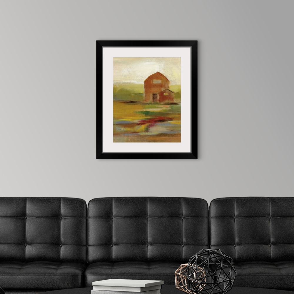 A modern room featuring Contemporary painting of a barn with an abstract landscape in an Autumn color palette.