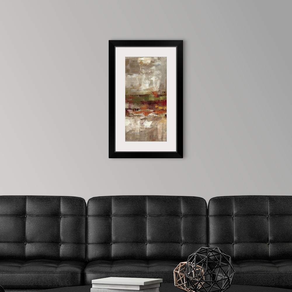 A modern room featuring Contemporary abstract vertical panoramic painting.  Brushes of various eroded colors overlain.