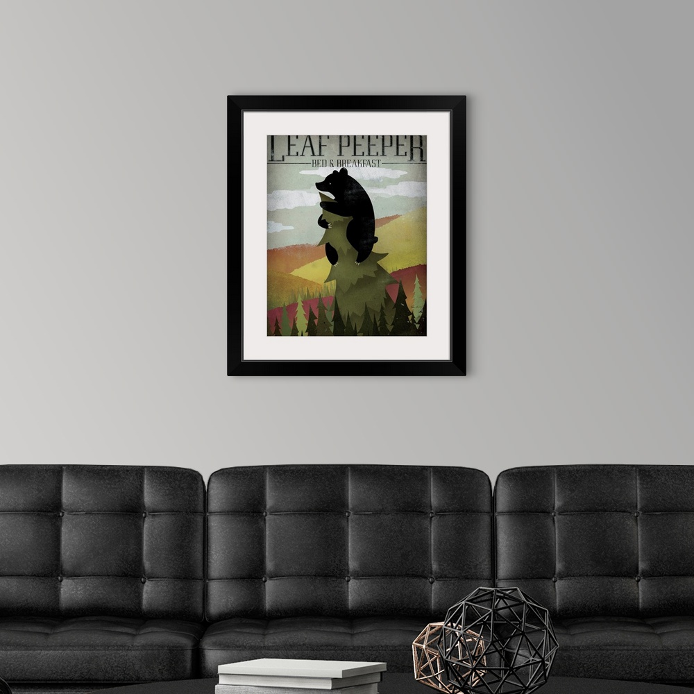 A modern room featuring Portrait artwork on a large canvas of a black bear hanging onto the top of a tall pine tree, on a...