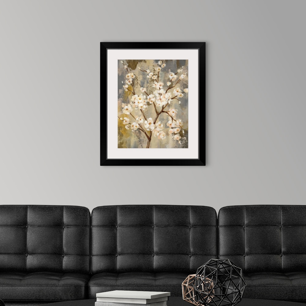 A modern room featuring Contemporary painting of blossoming branches in neutral tones.