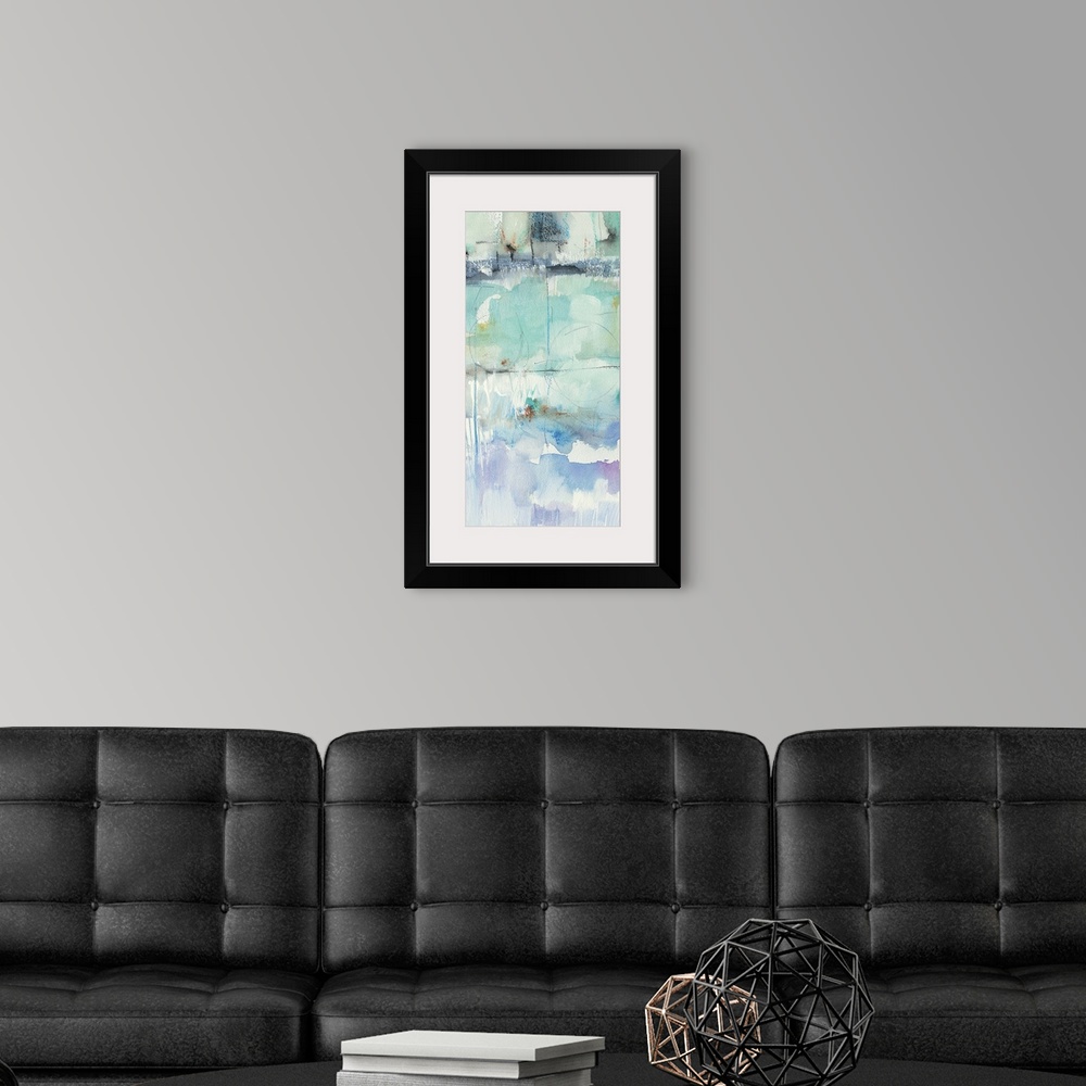A modern room featuring Contemporary watercolor painting using teal, and turquoise.