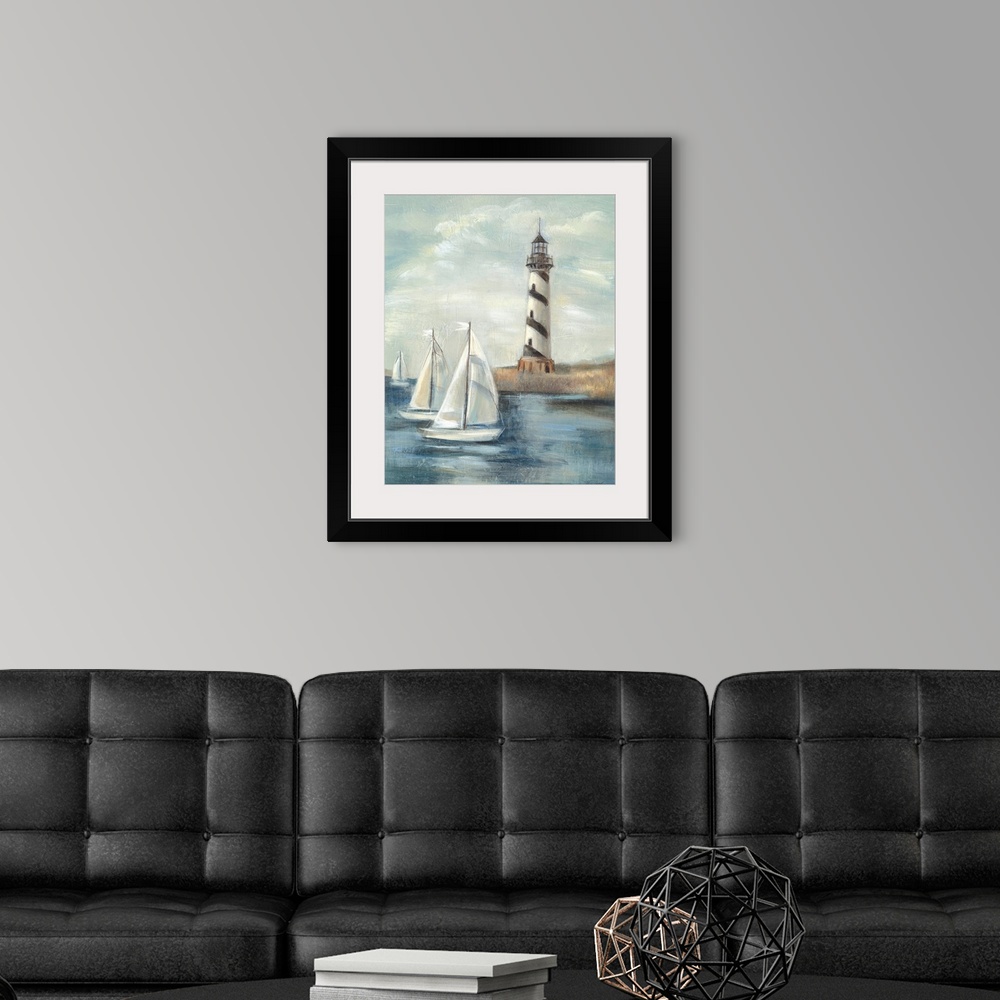 A modern room featuring Contemporary painting of an idyllic coastal scene, with a lighthouse in the background and sailbo...