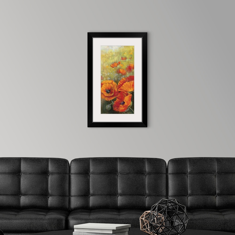 A modern room featuring This contemporary painting of flower blossoms is on a tall, vertical decorative accent for the home.