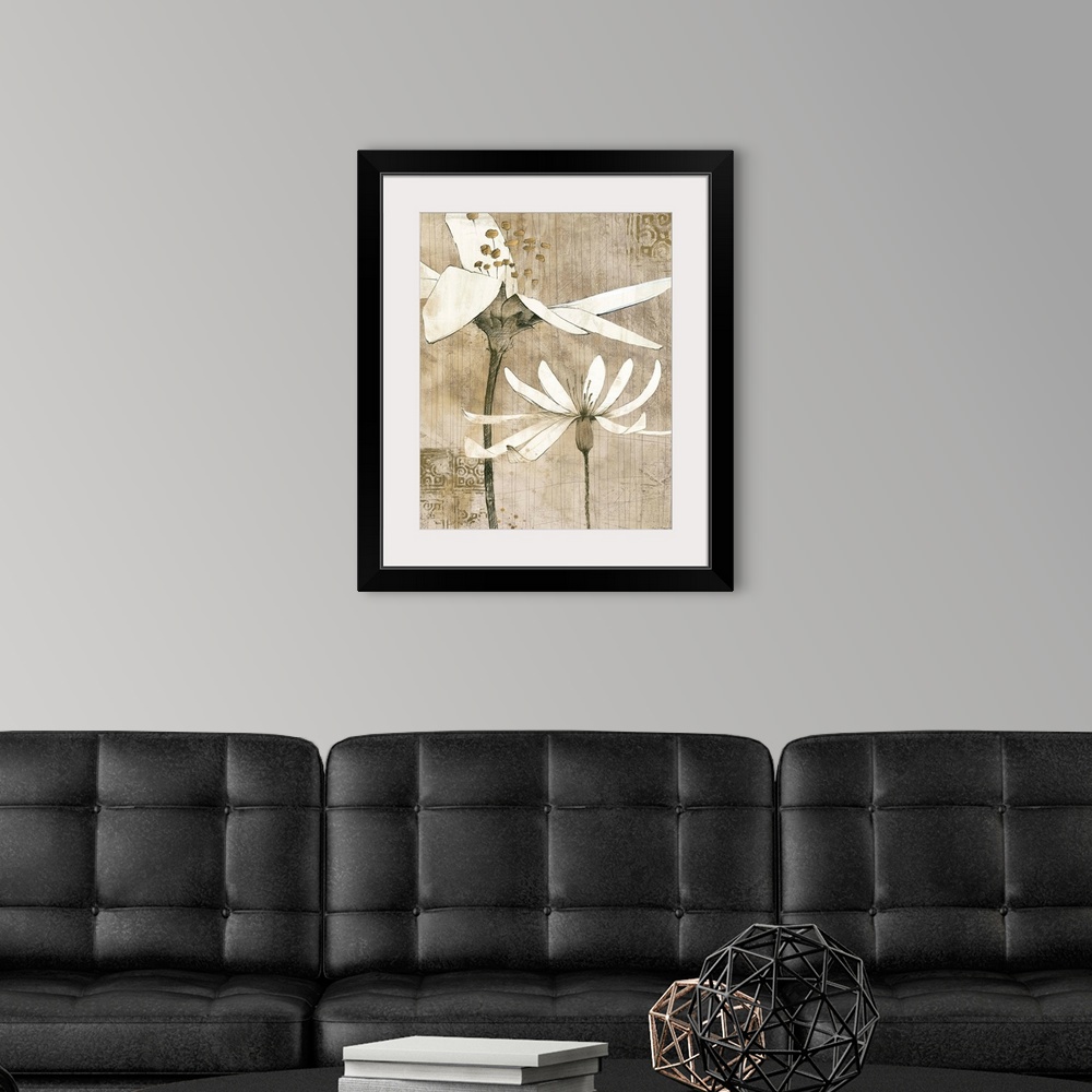 A modern room featuring Contemporary artwork of two flower blossoms with a vertical stripe background and ornate tile des...