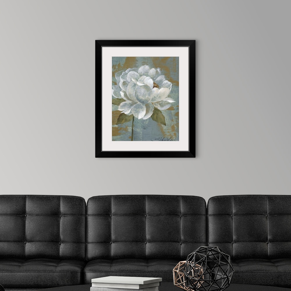 A modern room featuring Up-close painting of flower with abstract background.