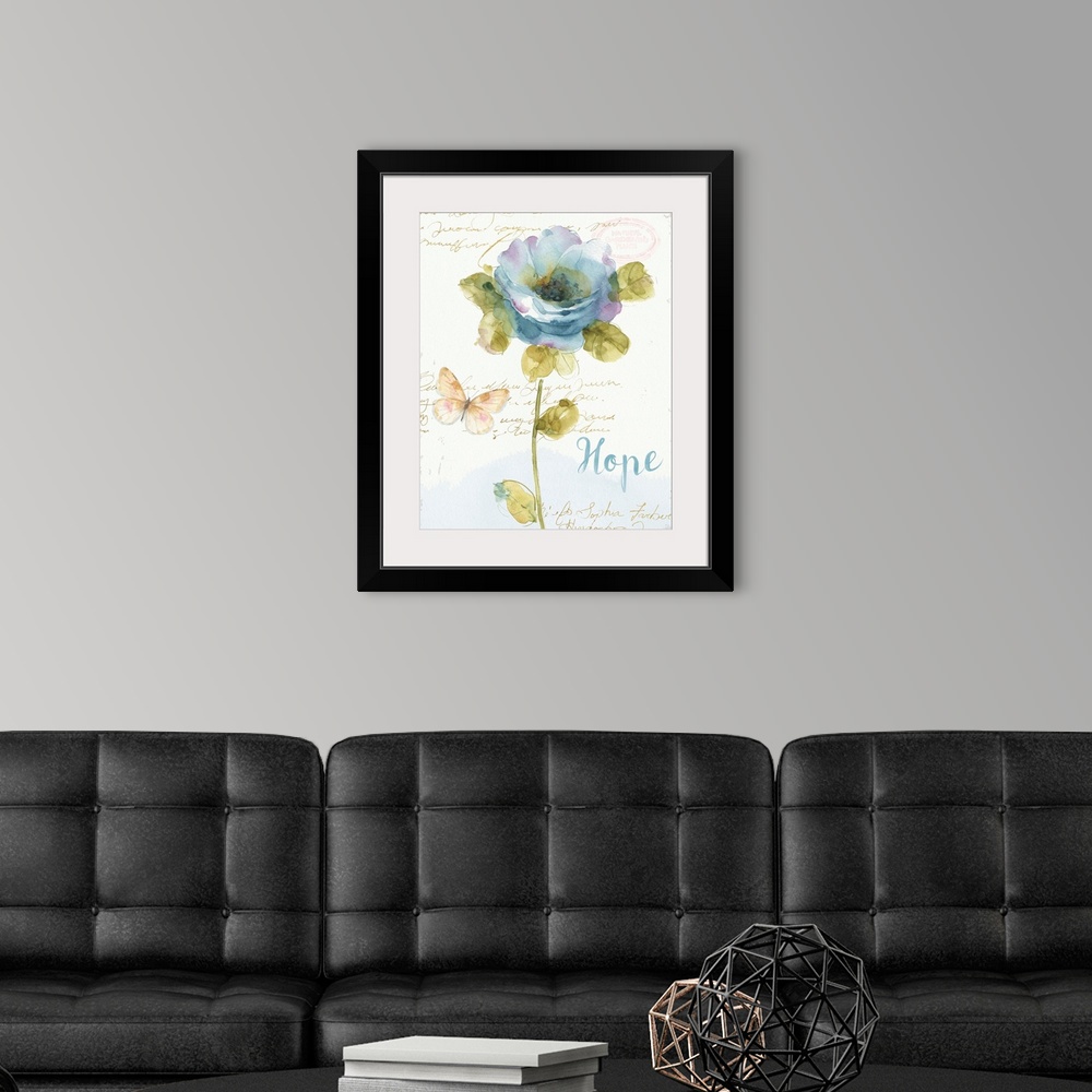 A modern room featuring Watercolor painting of a blue and purple toned flower and a butterfly with the word "Hope" writte...