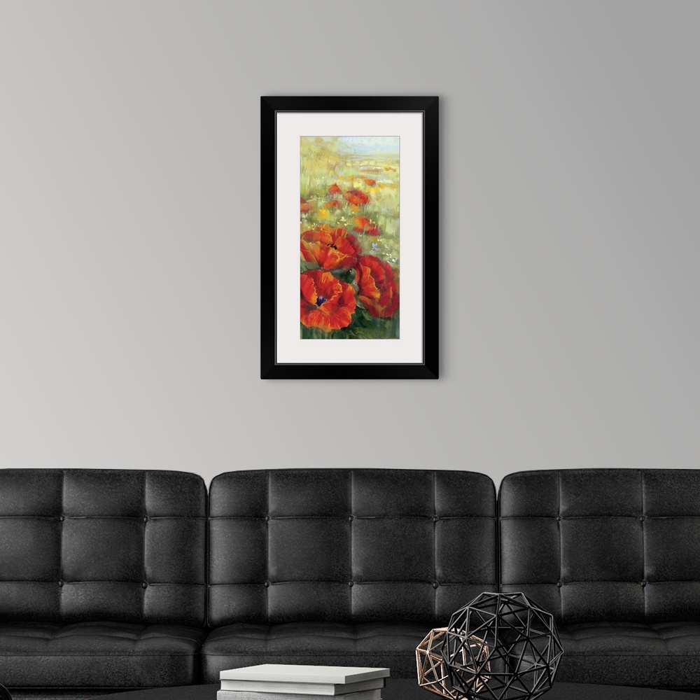 A modern room featuring Large, vertical floral painting of several big, blooming poppies in the foreground, behind those ...