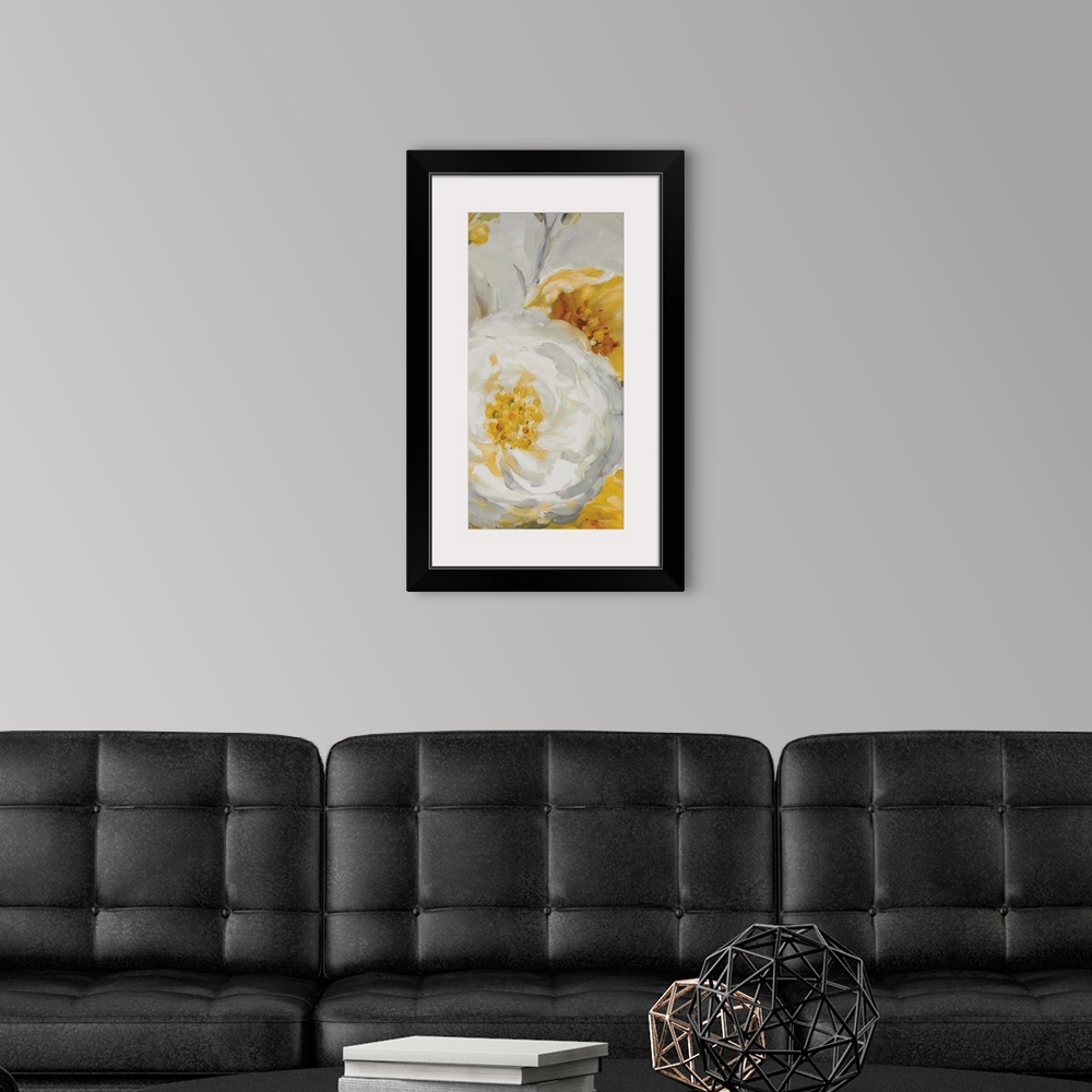 A modern room featuring Vertical contemporary painting of large yellow and white flowers against a gray backdrop.
