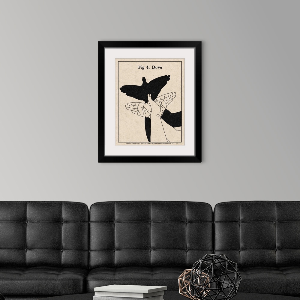A modern room featuring Instructional illustration of a dove hand shadow puppet.