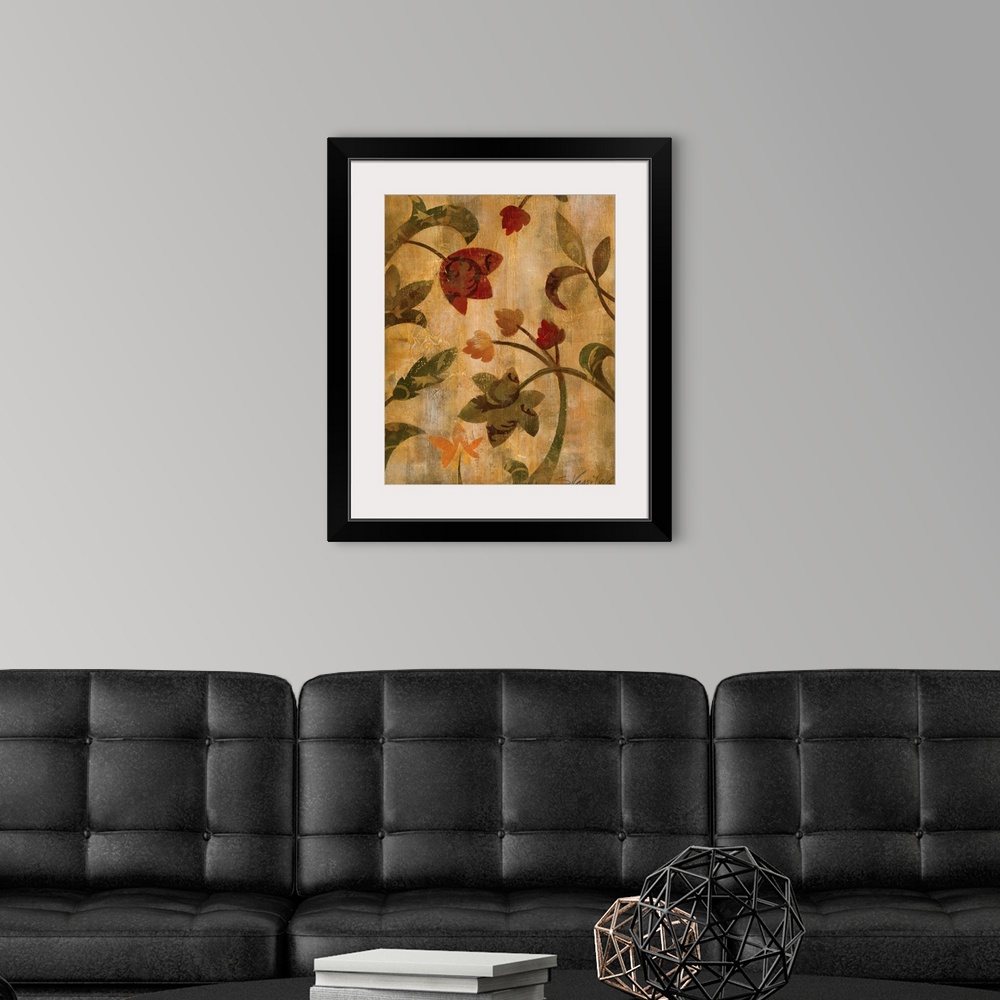 A modern room featuring Artwork of a floral pattern's silhouette filled with another floral pattern on an abstract backgr...
