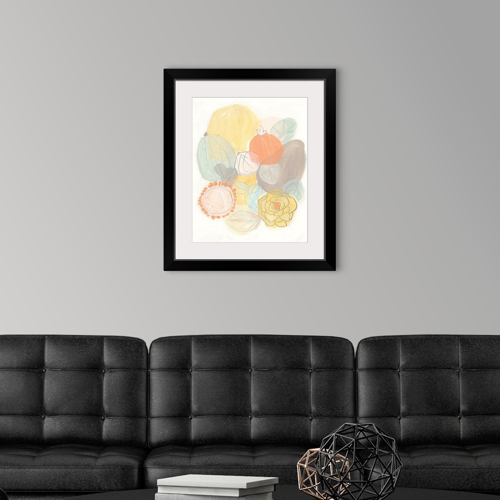 A modern room featuring Contemporary pastel painting of abstract succulents in pale blue, yellow, and orange.