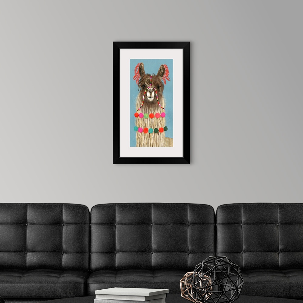 A modern room featuring One painting in a series of festive llamas with goofy grins wearing colorful tassels and bright p...