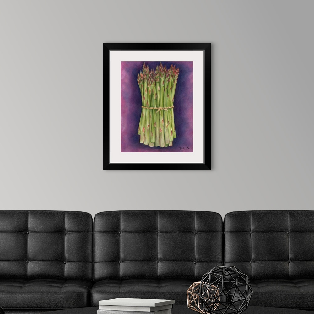 A modern room featuring Kitchen wall art by Jennifer Goldberger featuring a bundle of asparagus on a soft painted backgro...