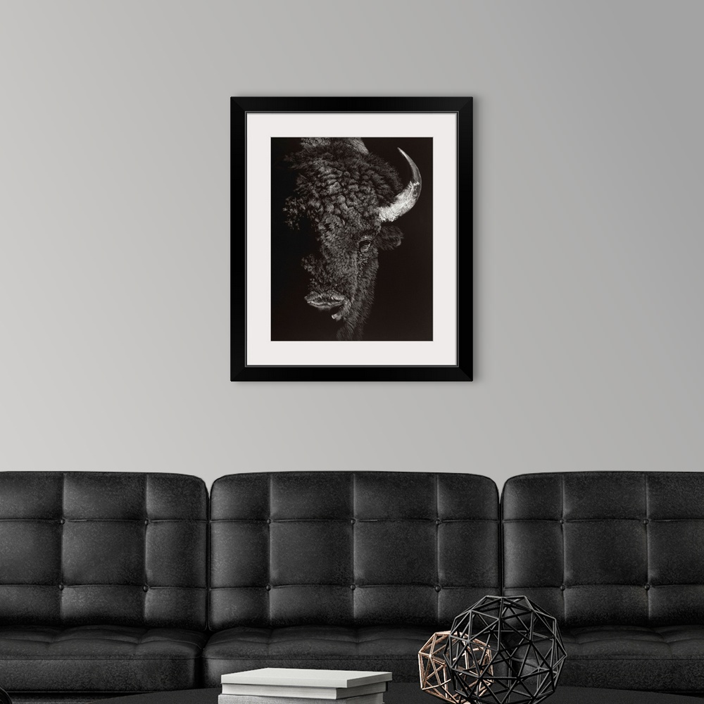 A modern room featuring Black and white lifelike illustration of a buffalo.