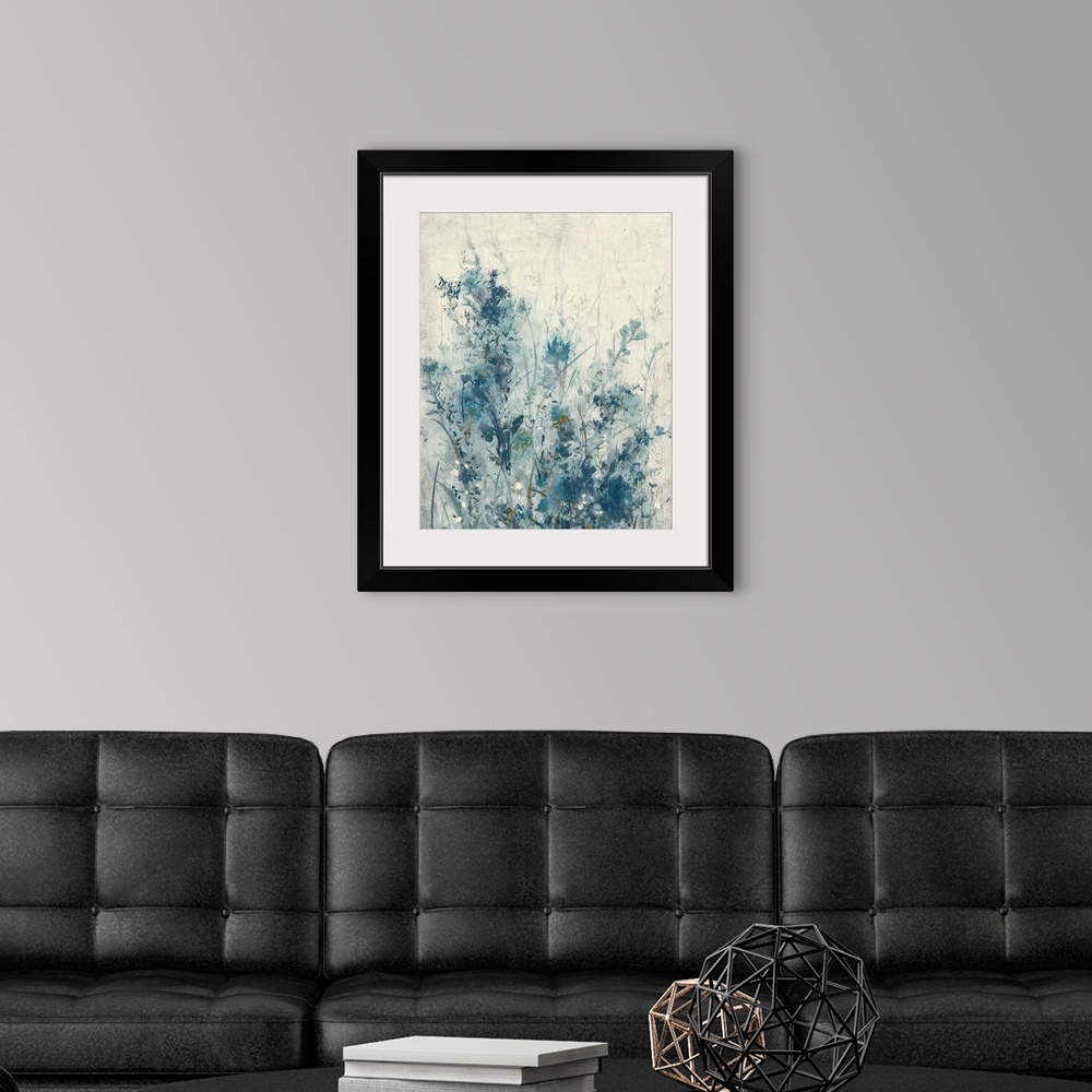 A modern room featuring Vertical contemporary painting of a garden of spring flowers in different shades of blue.
