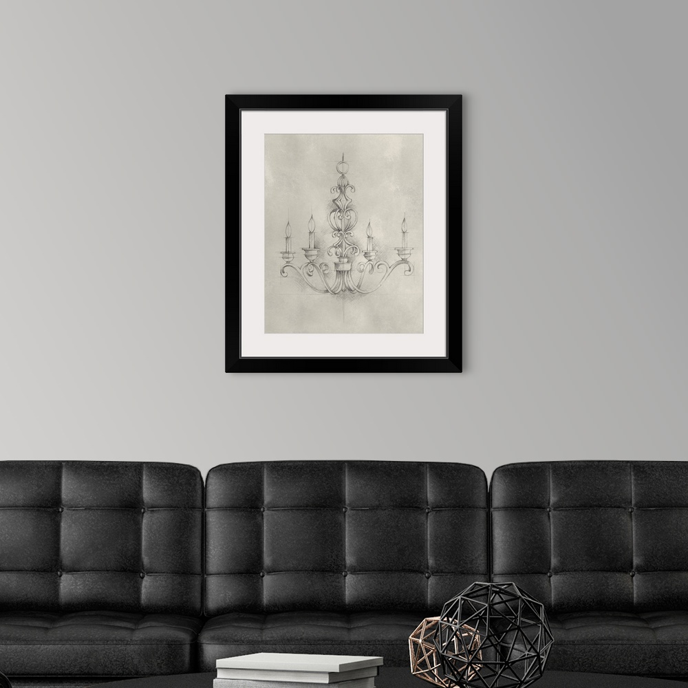 A modern room featuring This artwork features a drawing of a decorative chandelier with framework lines and cross hatchin...