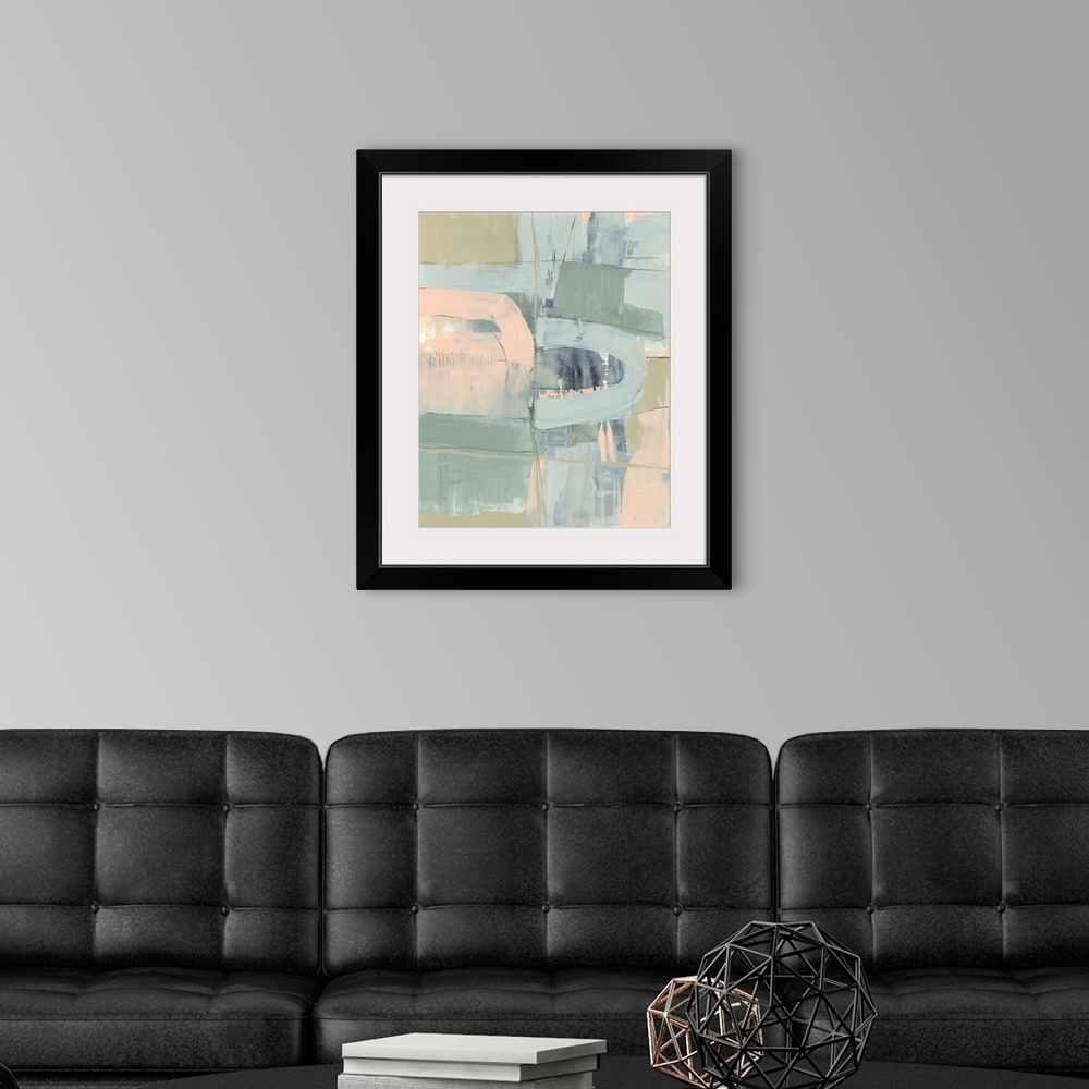 A modern room featuring Contemporary abstract painting constructed of blocks of pastel pink, green, and blue.