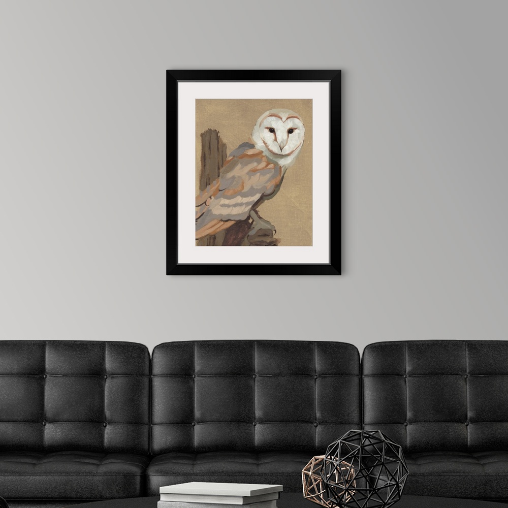 A modern room featuring Common Barn Owl Portrait I