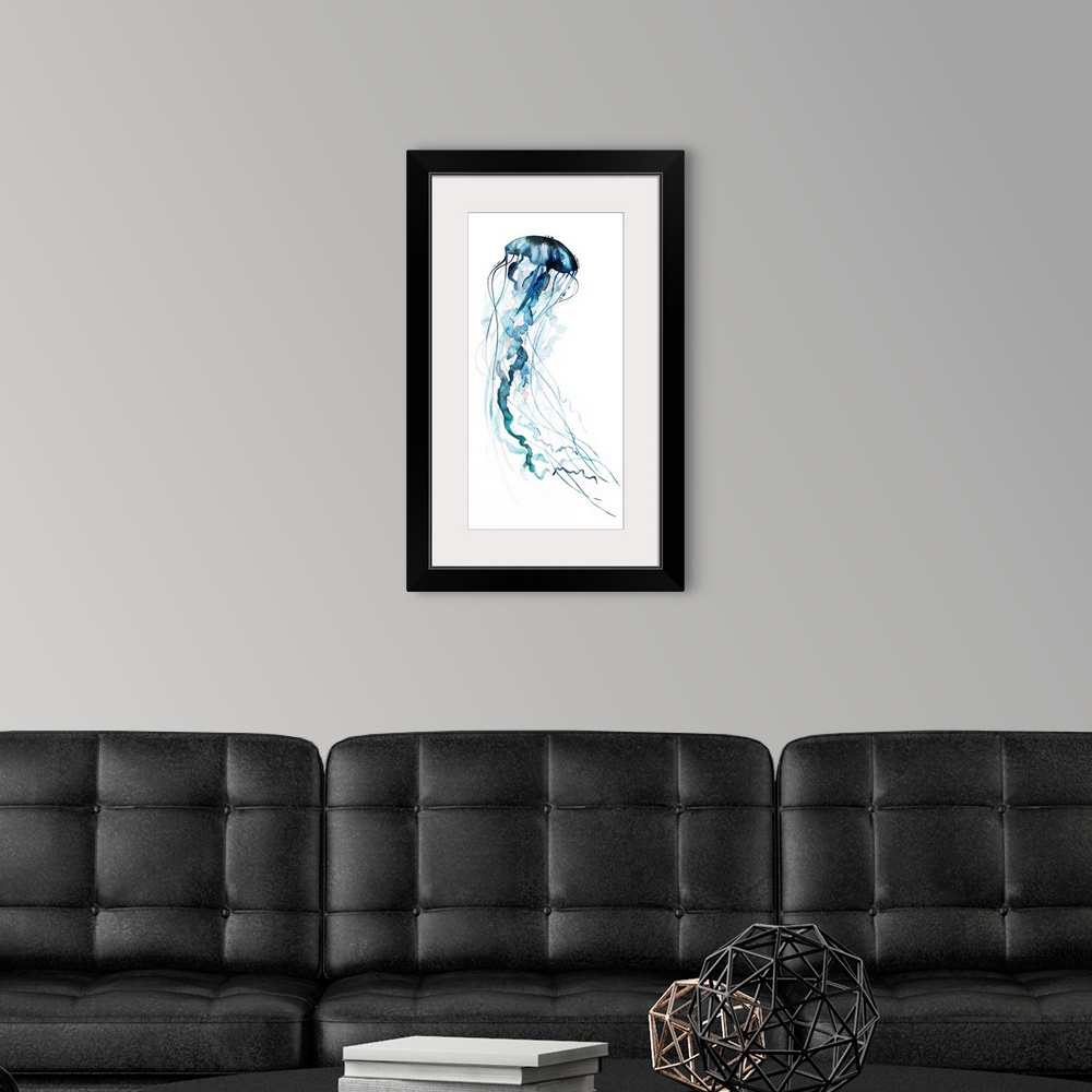 A modern room featuring Large panel watercolor painting of a jellyfish made in shades of blue with hints of pale pink.