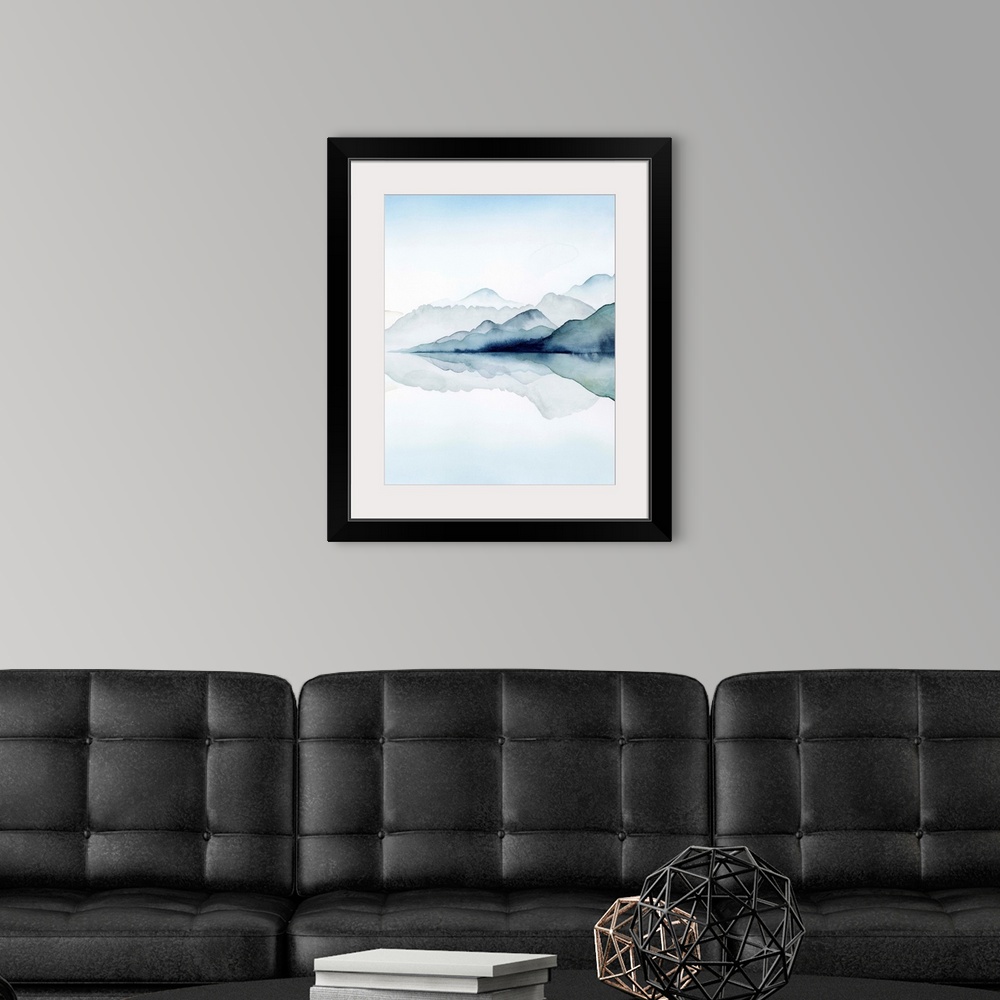 A modern room featuring Watercolor painting of misty mountains reflected in glacial waters.