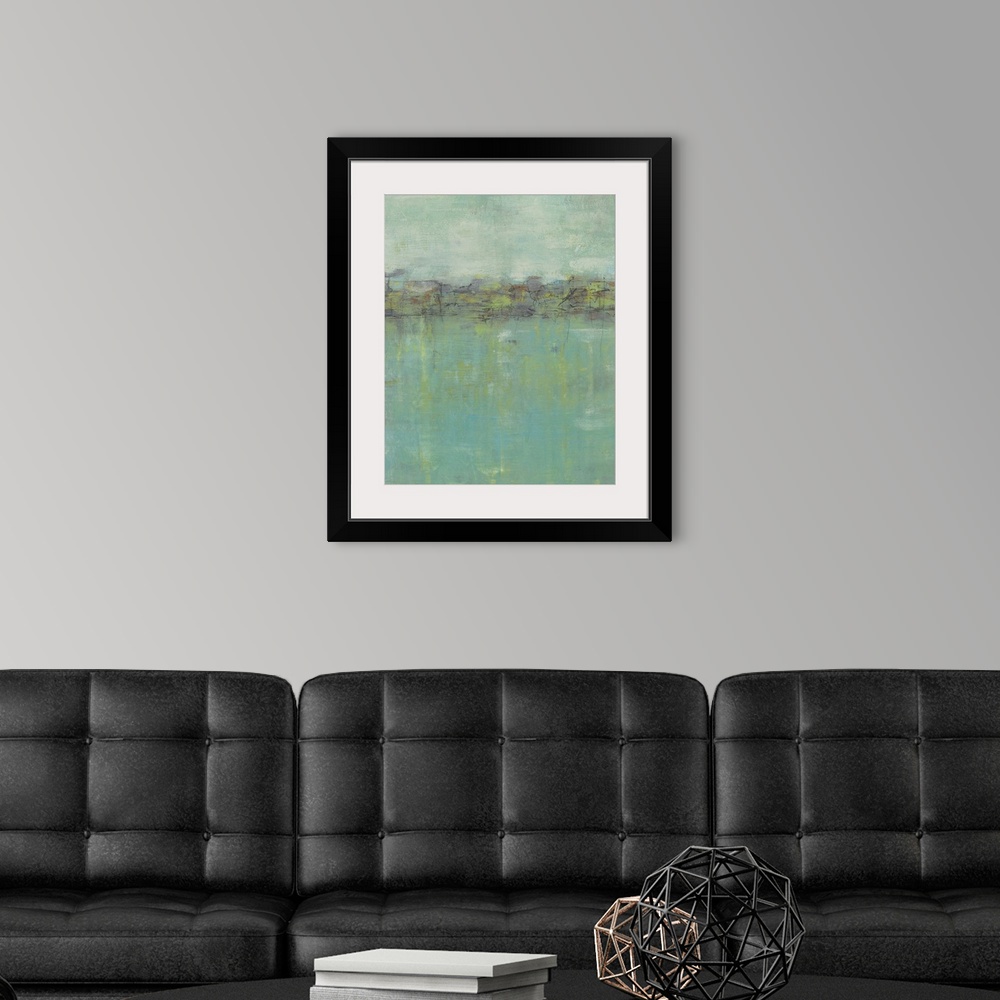 A modern room featuring Contemporary abstract painting using green and blue tones to create what looks like a field.