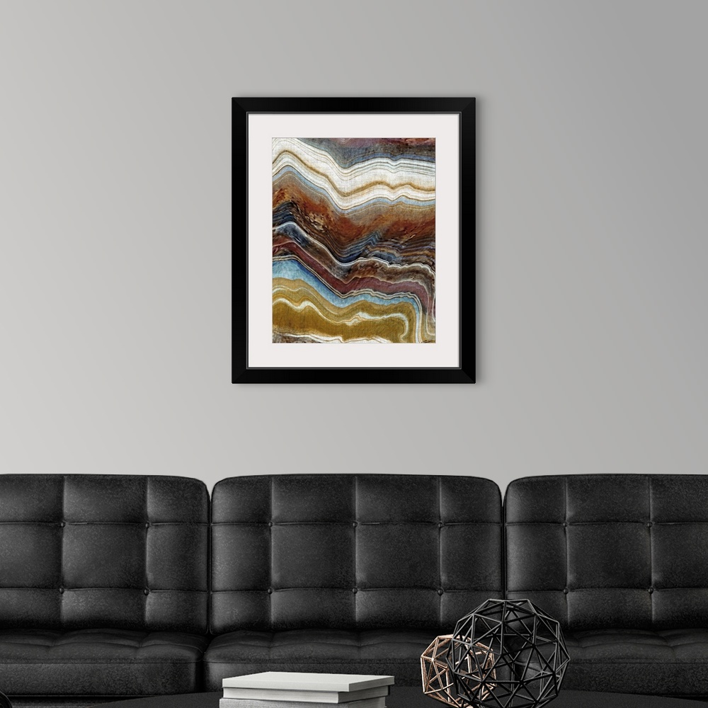 A modern room featuring Abstract painting resembling a close up of mineral agate layers.