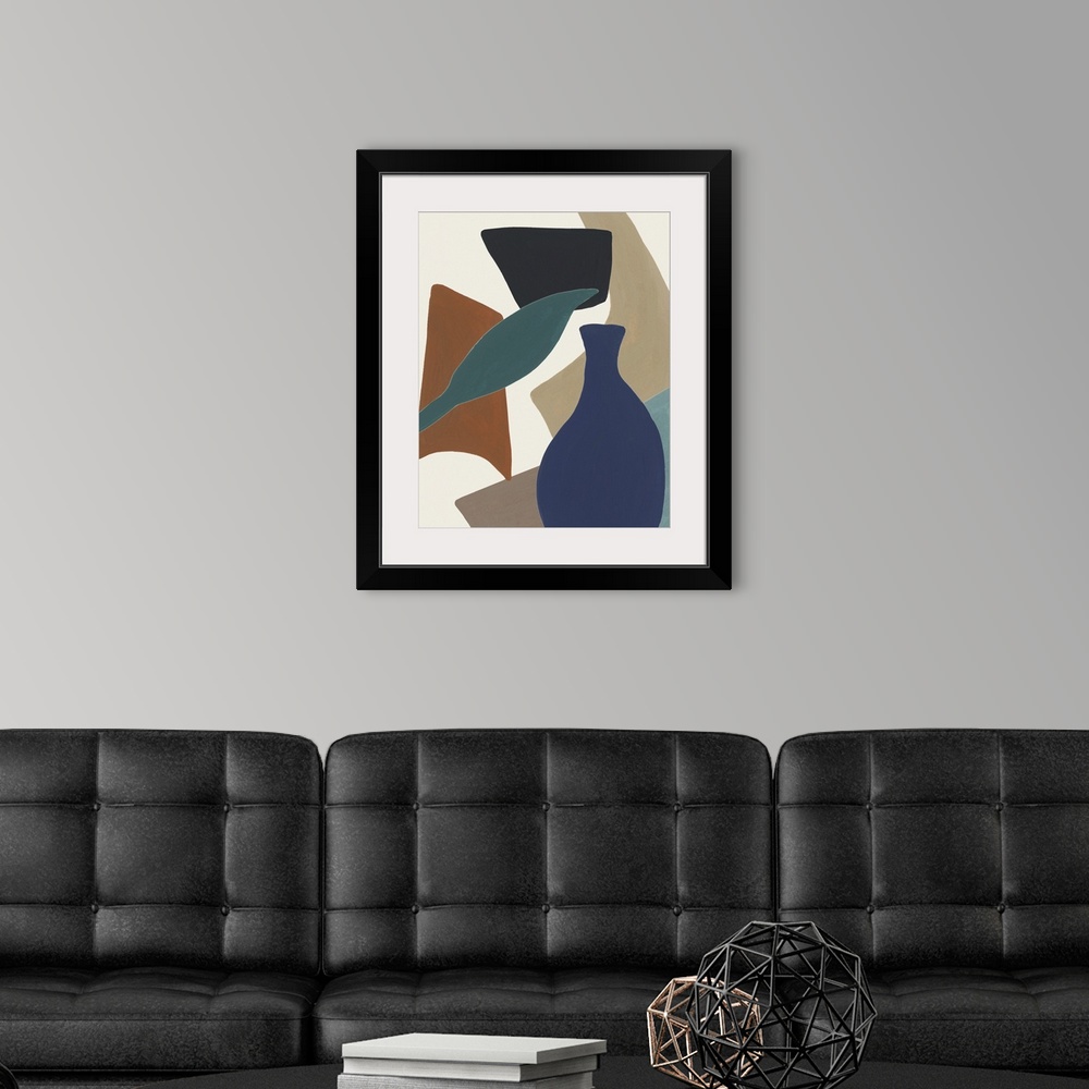 A modern room featuring Contemporary abstract collage of flowers, leaves, shapes, and vases in earth tones and blue.