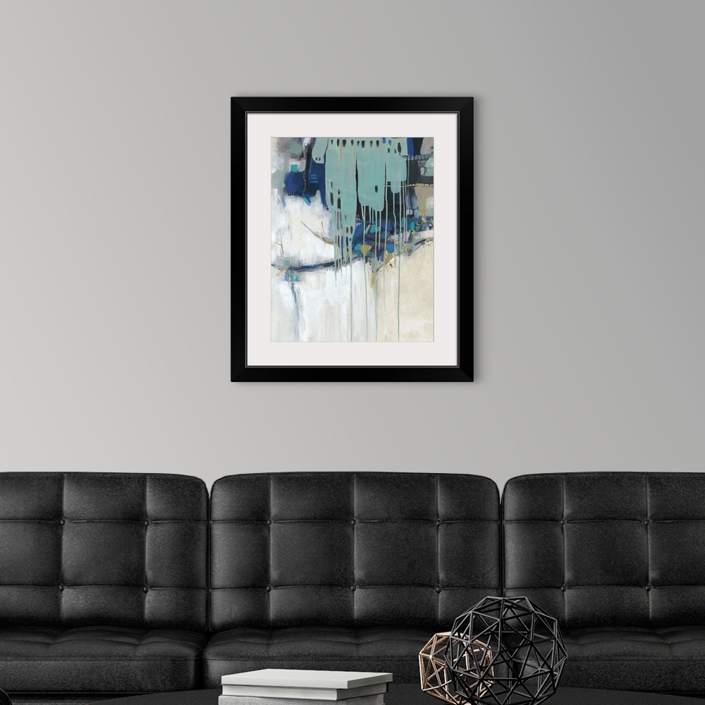A modern room featuring Contemporary abstract painting in teal, navy, and neutral hues.