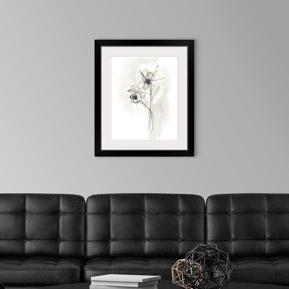 A modern room featuring Circular brush strokes construct gestural flowers in neutral tones in this contemporary artwork.