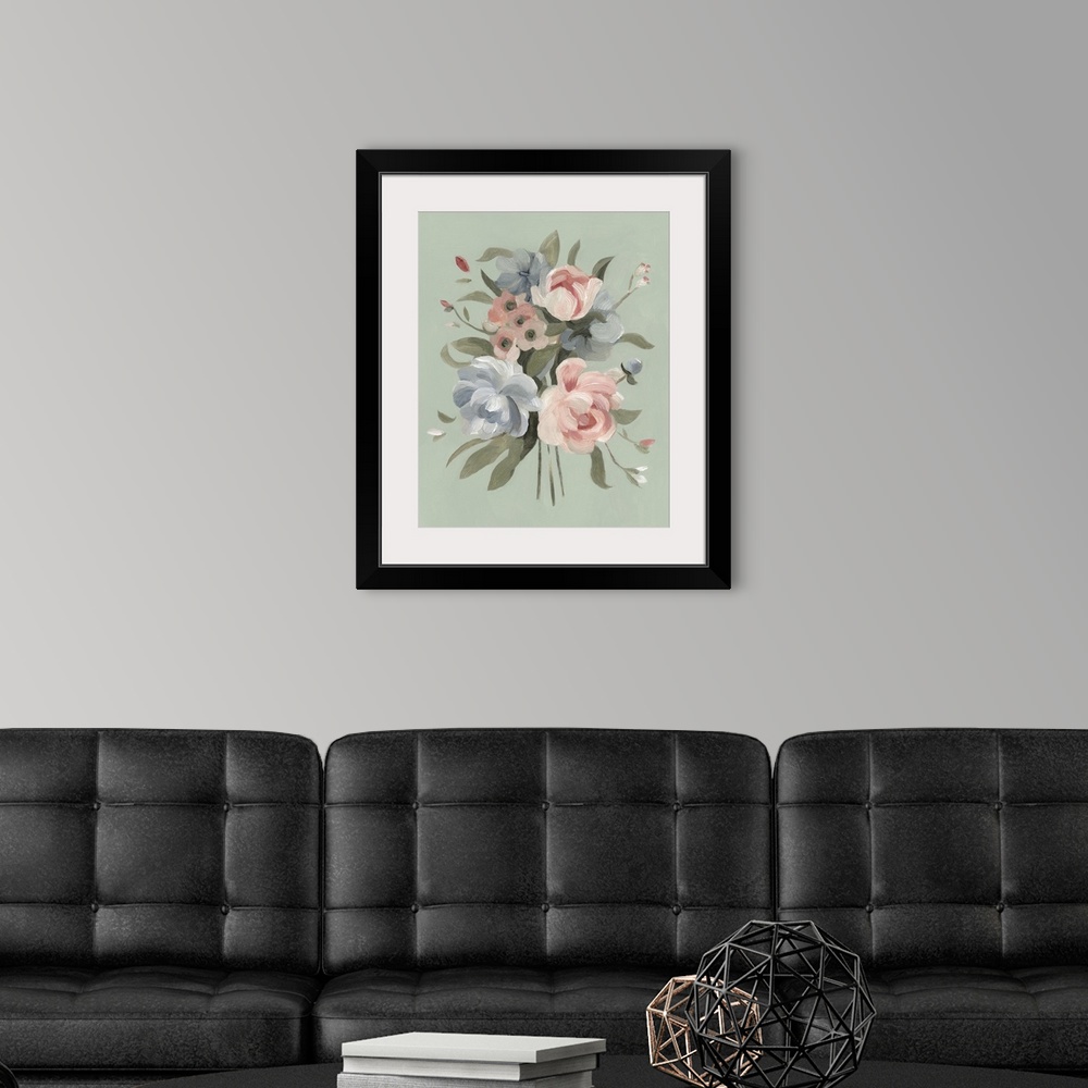A modern room featuring Elegant contemporary painting of a bouquet of pink and blue flowers on a moss green backdrop.