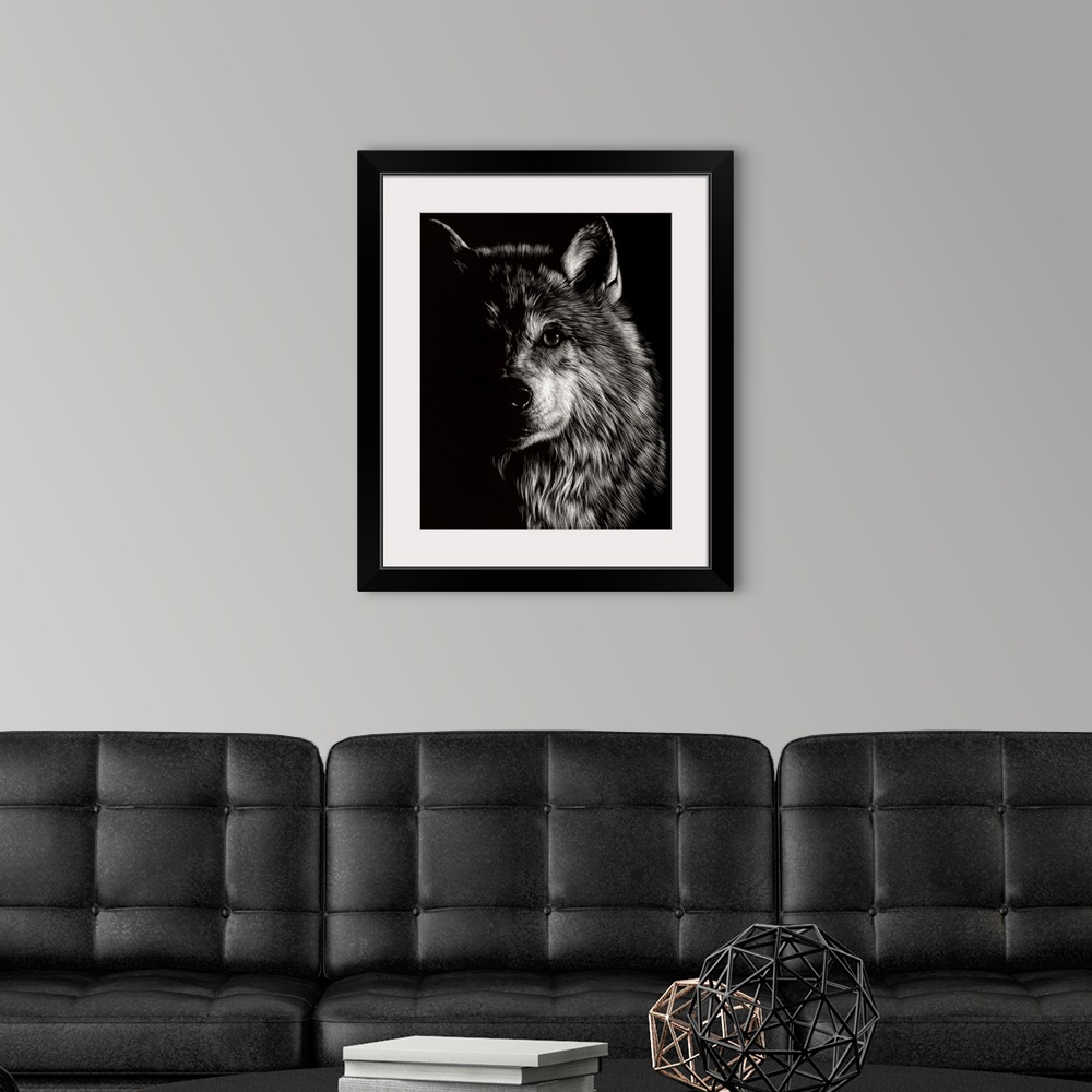 A modern room featuring Black and white illustration of a wolf looking straight ahead, half in shadow.
