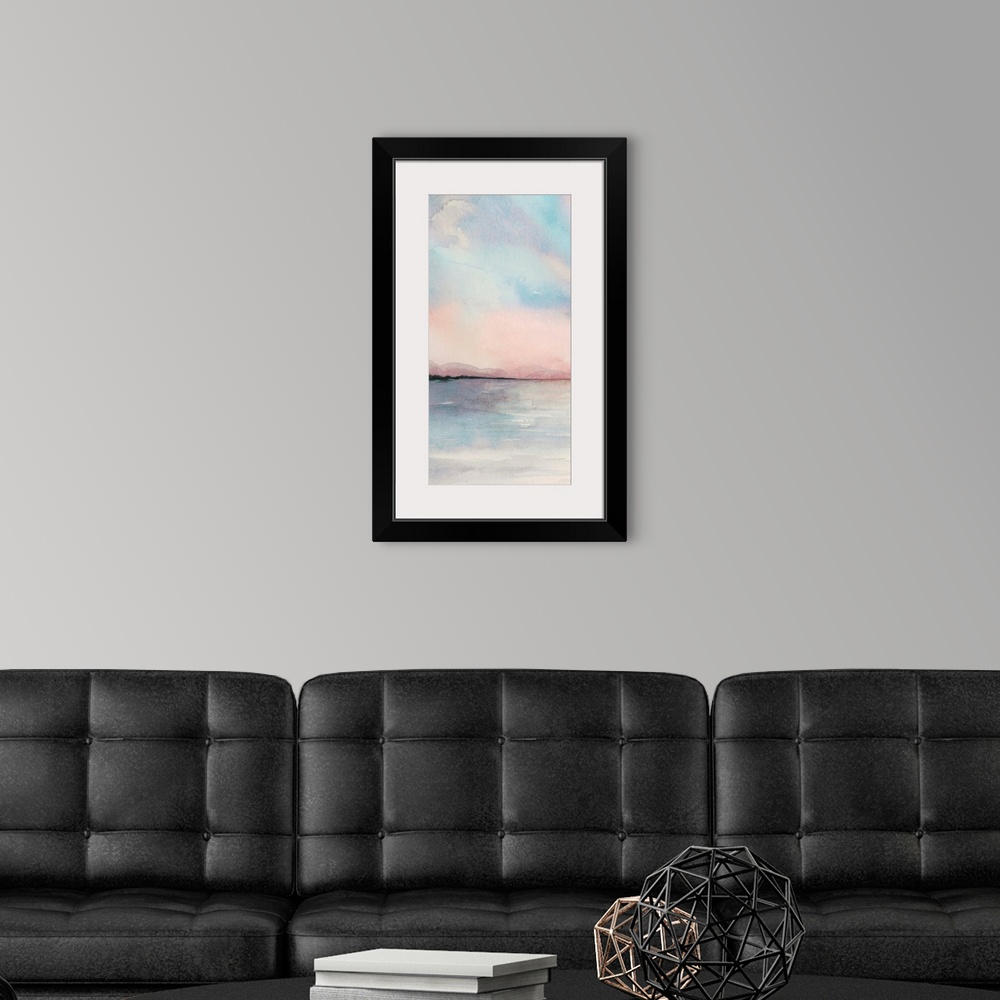 A modern room featuring Sea Sunset Triptych I