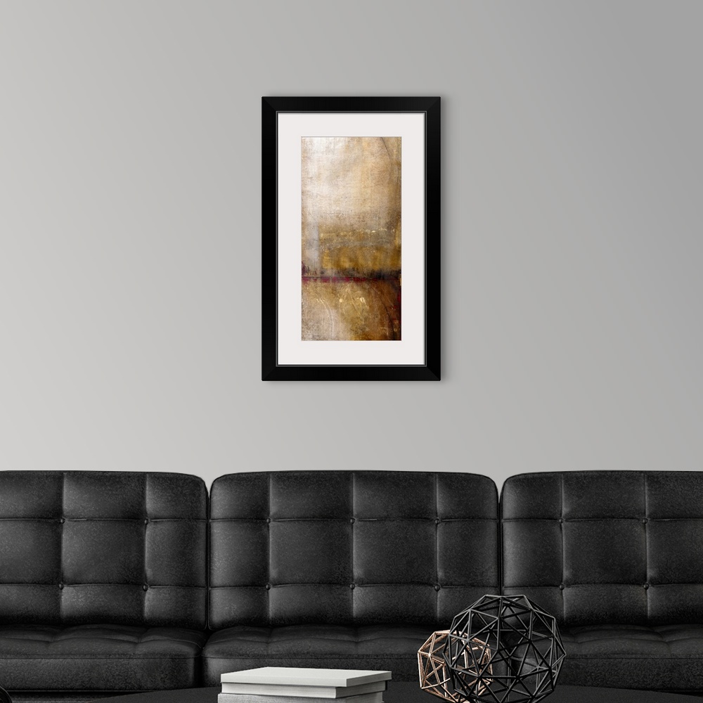 A modern room featuring Abstract grunge painting in neutral tones with a variety of textures and brushstrokes.