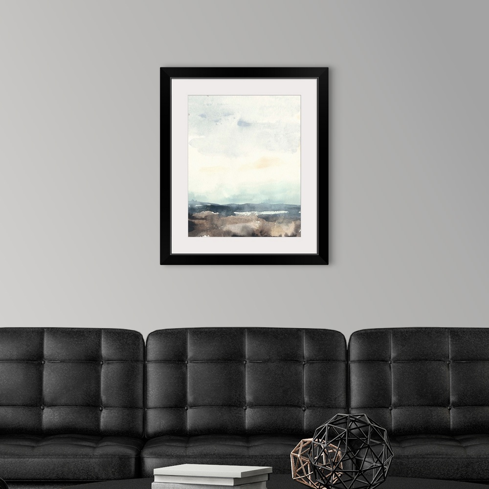A modern room featuring Watercolor seascape painting with a bright sky.