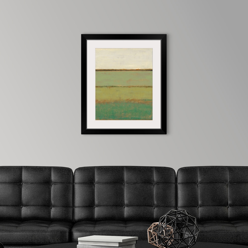 A modern room featuring Abstract artwork in horizontal layers of green shades, resembling farmland.