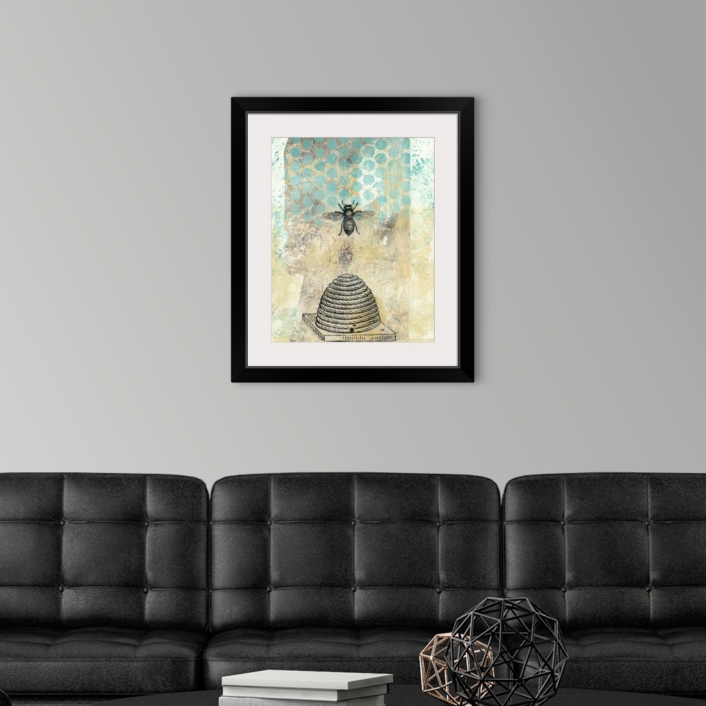 A modern room featuring Abstract painting in blue shades embellished with vintage bee and beehive illustrations.