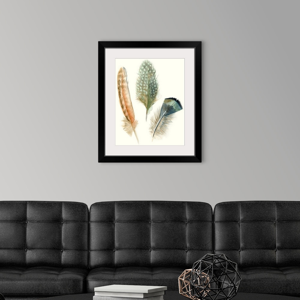A modern room featuring Contemporary watercolor feather illustrations.
