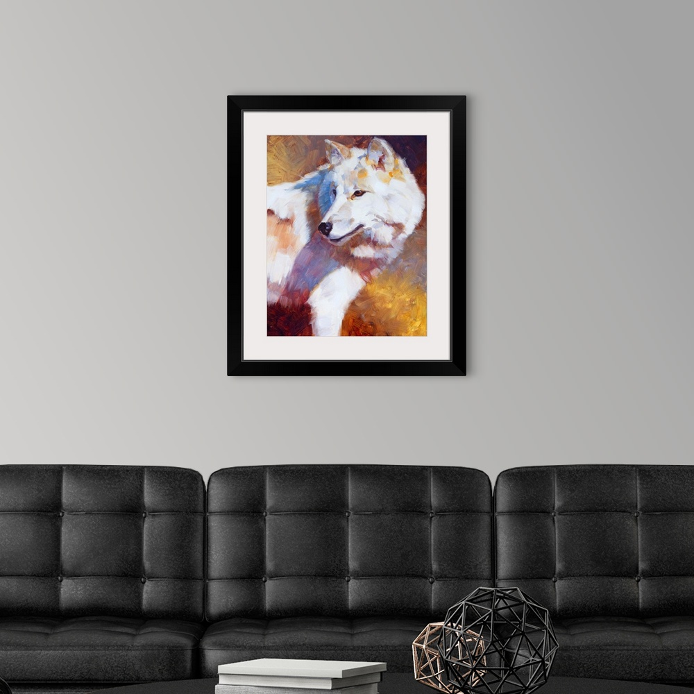 A modern room featuring Contemporary painting of a white wolf looking back at something against a golden background.